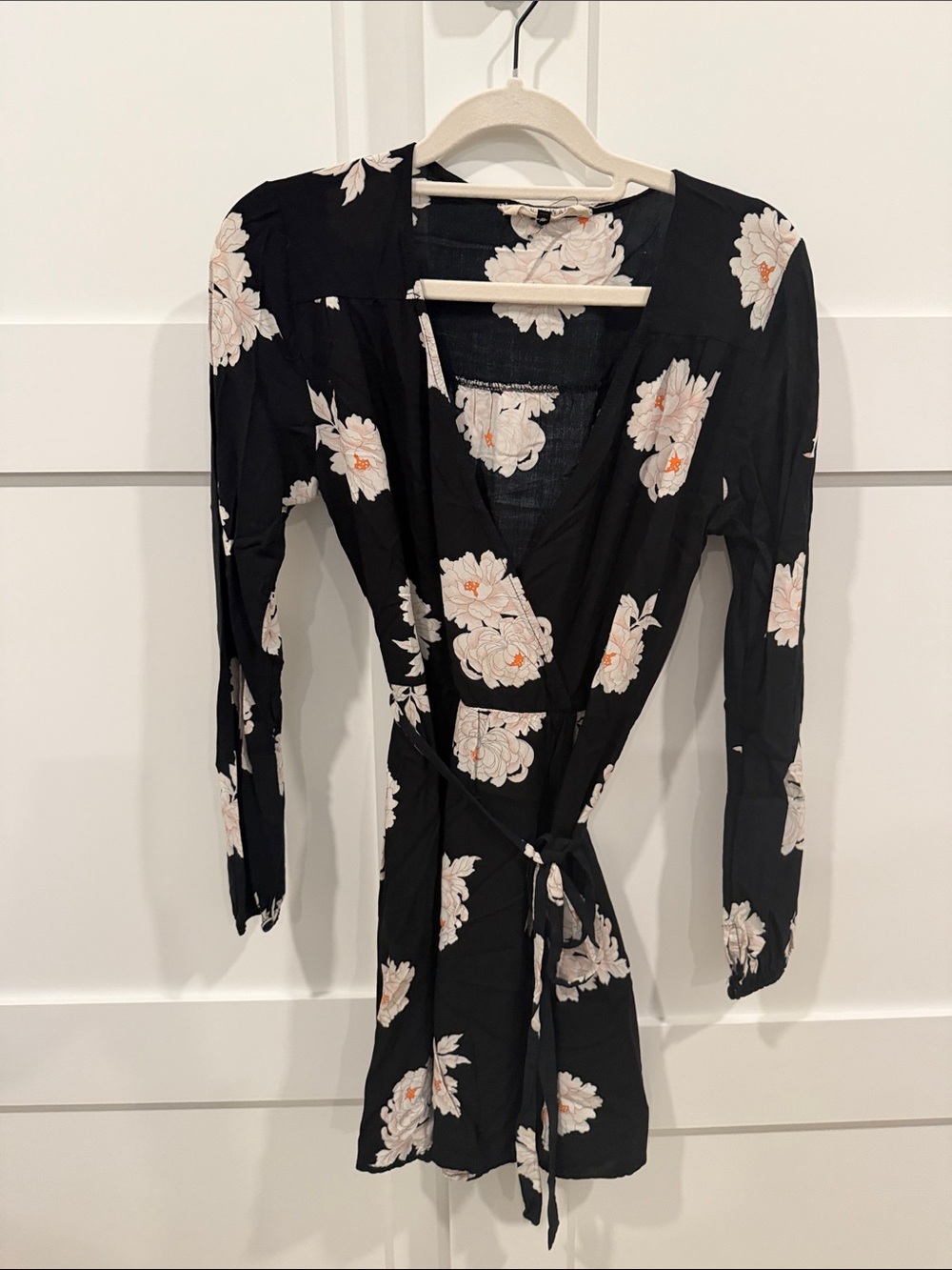 Urban Renewal Black Floral Long-Sleeve Wrap Dress with Light Pink Flowers